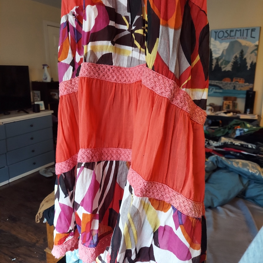 Calf length Gauze skirt. Lined coral cotton